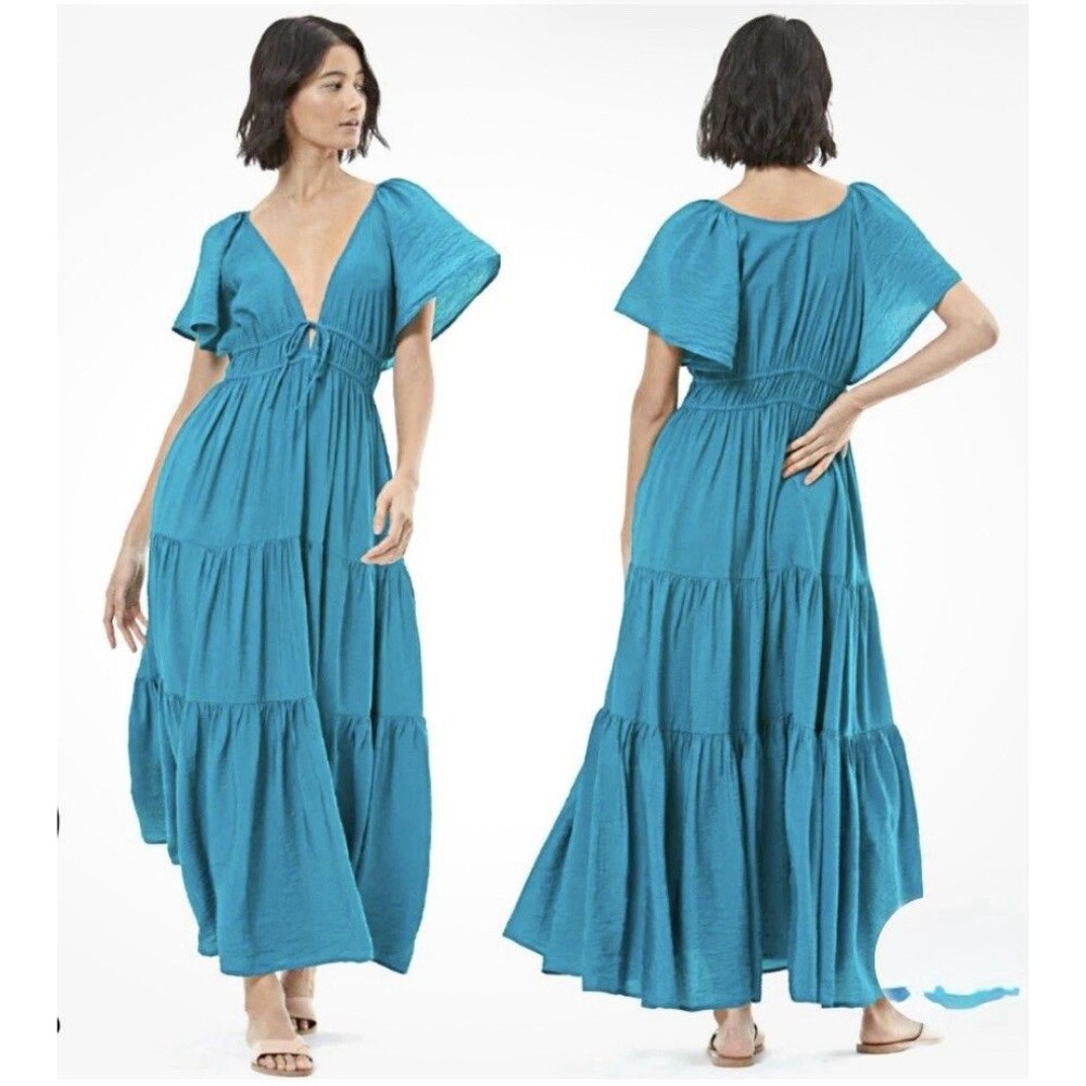 Young, Fabulous & Broke-YFB-Teal Tiered Maxi Dress-Small-Flutter Sleeve